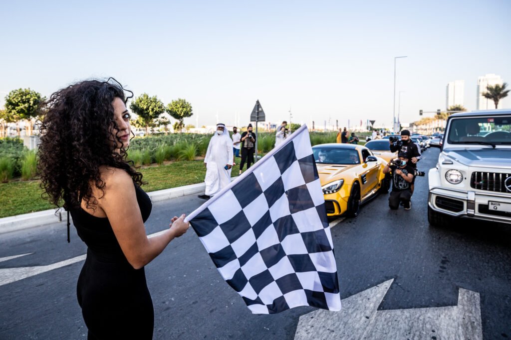 Noor Daoud the first Middle East female drift racer flags off the convoy at NOFILTERDXB finale